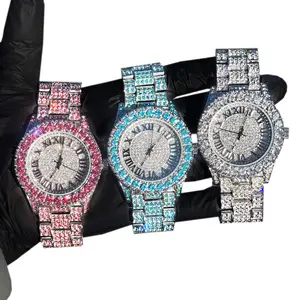 MaxBling81 Unisex Iced Out Lab Diamond Casual Analog Watch - Rhinestone Metal Band, Iced Roman Round Dial, Hip Hop Style, Fold-Over Clasp, Gift Box Included, Diamond-Stoned Gold Metal-Toned Resistant Water-Tight Quartz Watch, Diamond-Stoned Quartz Watches