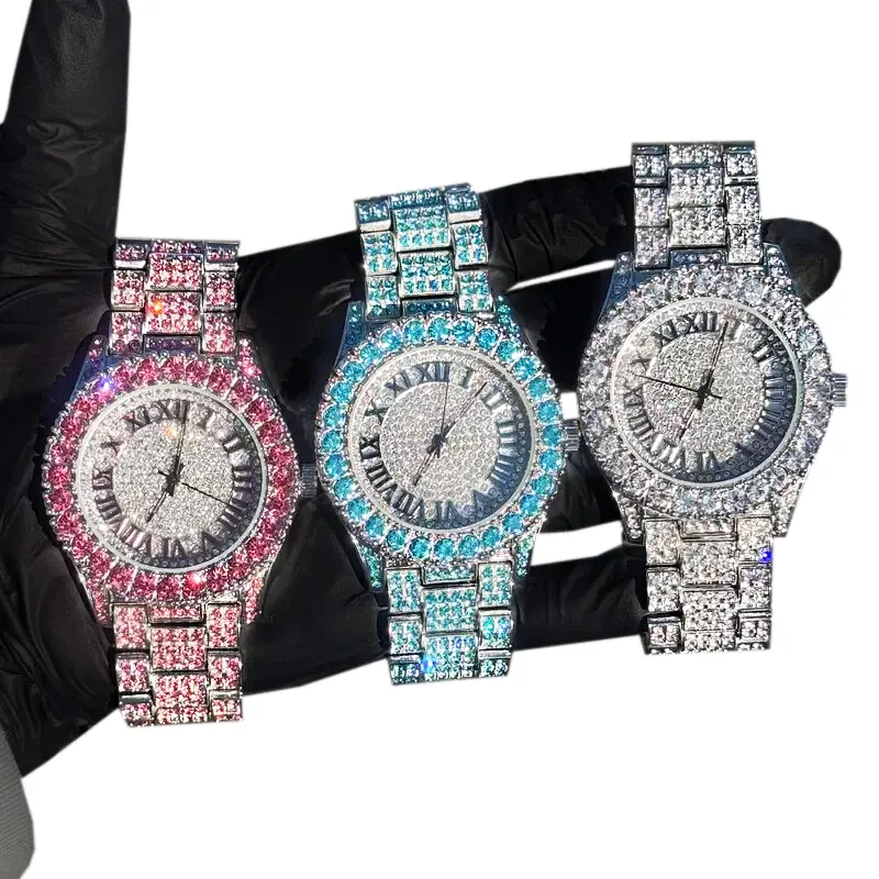 MaxBling81 Unisex Iced Out Lab Diamond Casual Analog Watch - Rhinestone Metal Band, Iced Roman Round Dial, Hip Hop Style, Fold-Over Clasp, Gift Box Included, Diamond-Stoned Gold Metal-Toned Resistant Water-Tight Quartz Watch, Diamond-Stoned Quartz Watches