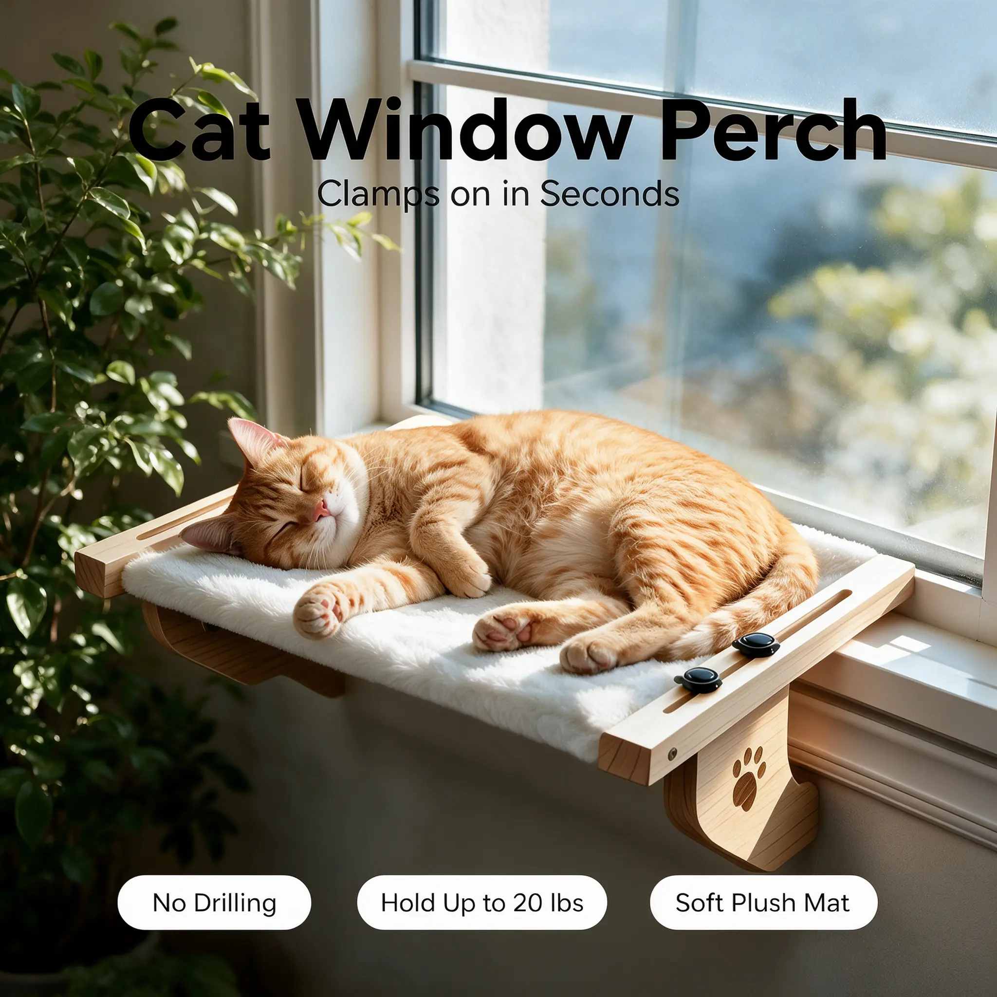 Cat Window Perch, Renter-Friendly No Drilling Clamp-On Window Sill Cat Hammock, Natural Wood Frame with Removable Washable Plush Mat, Tool-Free Setup, 20 lbs Weight Capacity, Fits Most Sills for Indoor Cats Sun Bathing & Napping