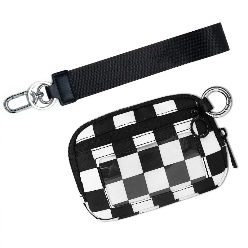 Black Checkered Card Holder Wristlet Pouch Coin Purse with Zipper Closure and Keychain Attachment