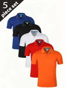 Men's Breathable Sweat-Wicking Golf Tennis Performance Polo Shirts, Button-Down Collar Plain Color, Loose-Fitting Casual Short Sleeve Tops, 5 Pack, Athletic Shirt, Golf Tournament Shirt