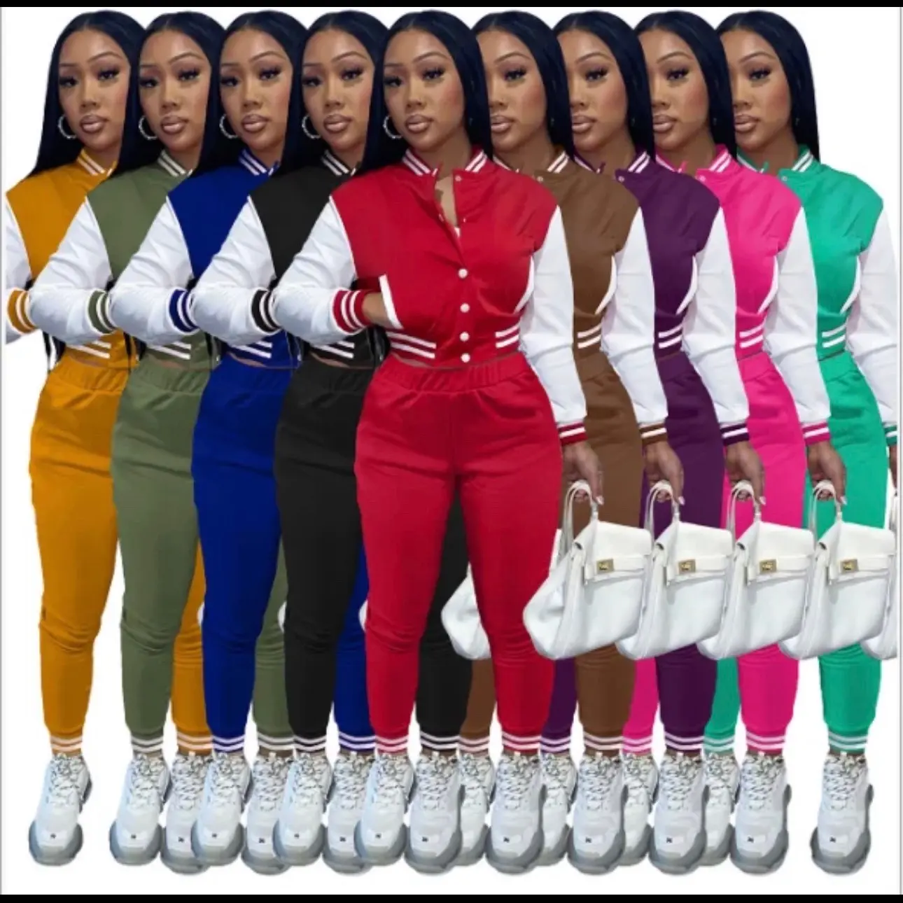 Women's 2pcs Colorblock Letter Print Varsity Jacket and Pant Set Polyester Long Sleeve Comfort Womenswear Clothing