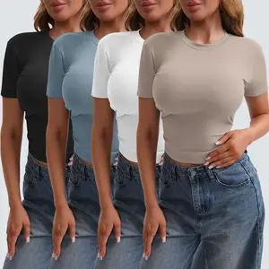 Veldtholos 4 Pack Women's Workout Shirts Compression Short Sleeve Crew Neck Running Yoga Gym Athletic Fitted Crop T-Shirts Top