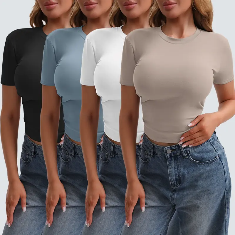 Veldtholos Womens 4 Piece Short Sleeve Shirts Basic Going Out Streetwear Tops Slim Fit Crop Tops 2026 Y2k Clothes Summer Casual Tshirt Skinny Elastic Outfit Matching SpringFresh tiktokshopspringglowup, summerwins