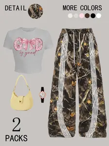 Women's Casual Loose-Fitting Set, Round Neck Short Sleeve Top & Leaf Stack Straight Leg Pants, Adjustable Drawstring, All Seasons Outfit