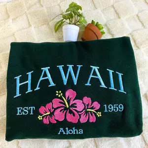 Embroidered Hawaii State Sweatshirt – Fashion Casual Long Sleeve Crewneck, Aloha Flower Pullover, Vintage Travel Gift Est. 1959