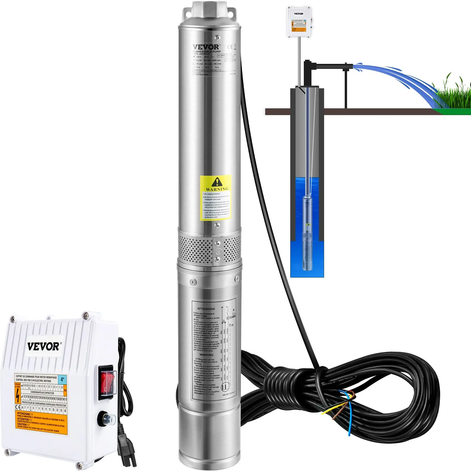 【DealsForYouDays】VEVOR 4" Stainless Steel Deep Well Submersible Water Pressure Pump, 1.5HP 115V/60Hz, 37gpm 276ft Head, 33ft Cord, External Control Box, IP68 Waterproof for Industrial & Irrigation Use