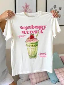 Strawberry Matcha Latte Knit Graphic Tee, Y2K Aesthetic Summer Drink T-Shirt, Casual Loose-Fitting Short Sleeve Top, Women's Fashion