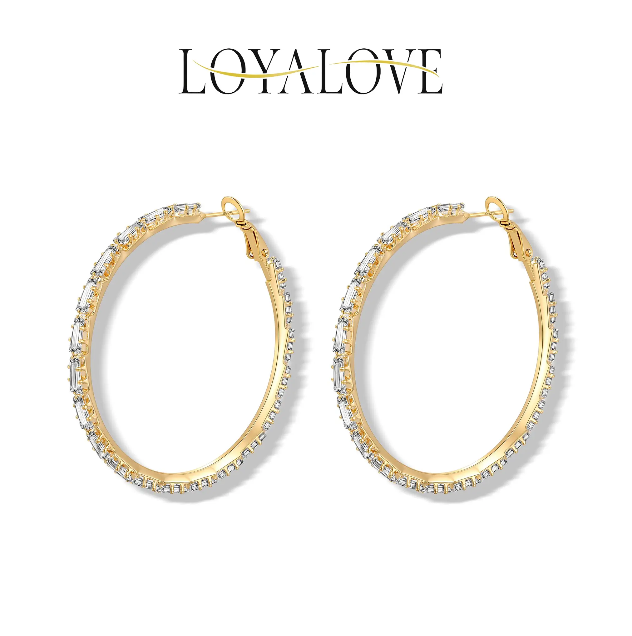 Loyalove 14K Gold plated Gold T-Shaped Cubic Hoop Earrings For Women  With Zirconia Sensitive Ears Womens earring 1.57/1.96/2.36inch Fashionable Gift
