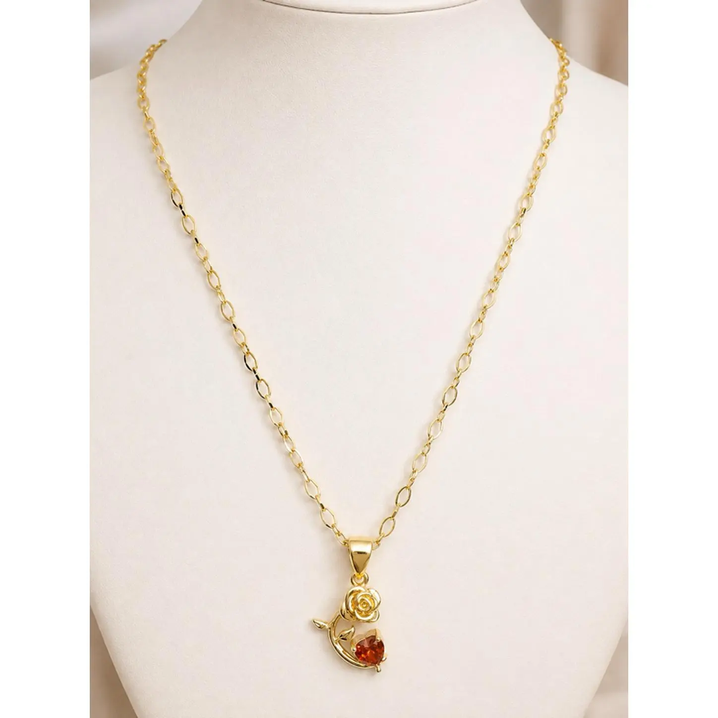 Elegant 14k Gold plated Chain Necklace with Rose and Ruby Pendant for Women