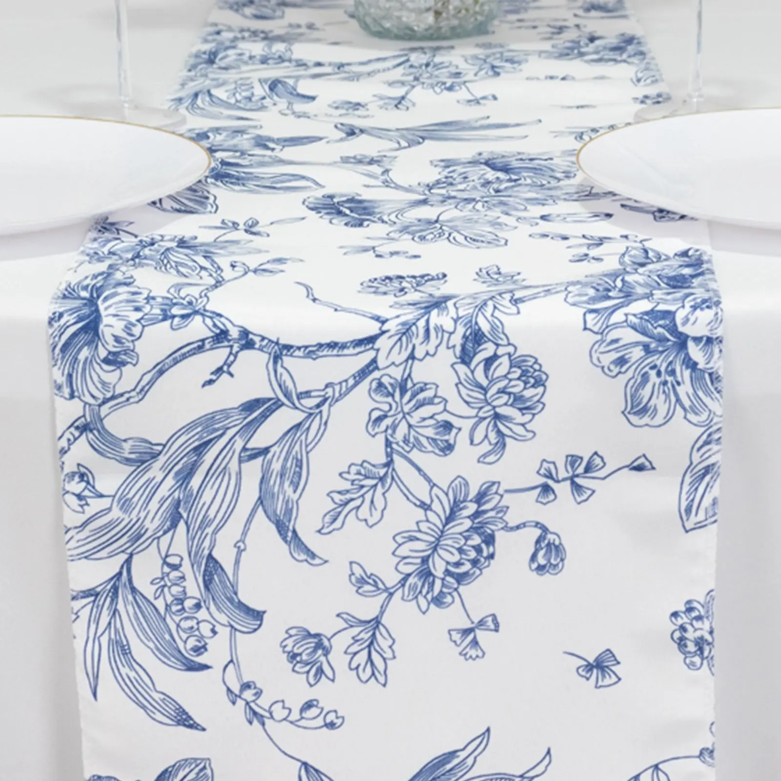 12"x108" White Polyester Table Runner with Blue French Toile Floral Print - Reusable Table Decor for Wedding, Banquet, Event - Household Kitchen Linen Soft Furnishing