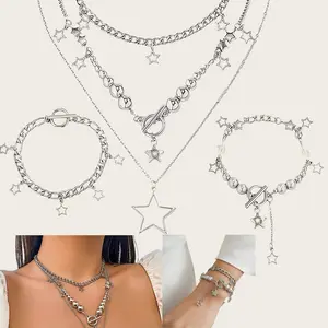 Y2K Grunge Kawaii Necklace Set Silver Star Necklaces & Aesthetic Vintage Emo Jewelry for Christmas Halloween Wedding Party Decorations Cute Unisex Accessories