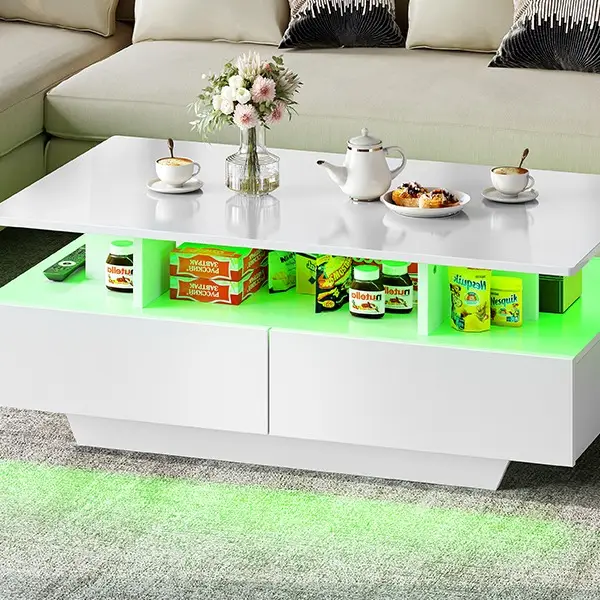 DWVO LED Coffee Table with Storage, High Glossy LED Coffee Tables for Living Room, Small Center Table with Open Display Shelf & Sliding Drawers