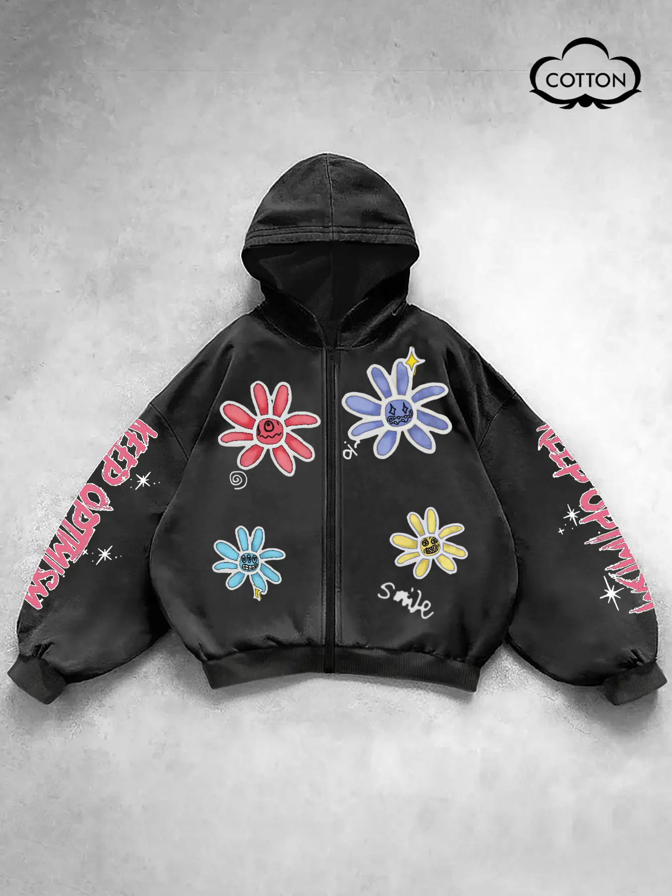 Men's Washed Cotton Fitted Long Sleeve Graphic Hoodie Sweatshirt Cardigan with Letter Print, Keep Optimistic Design, Casual Fashion for Daily Wear, Comfortable and Stylish, Casual Hooded Sweatshirt, Casual Streetwear Hoodies, Floral Hoodies