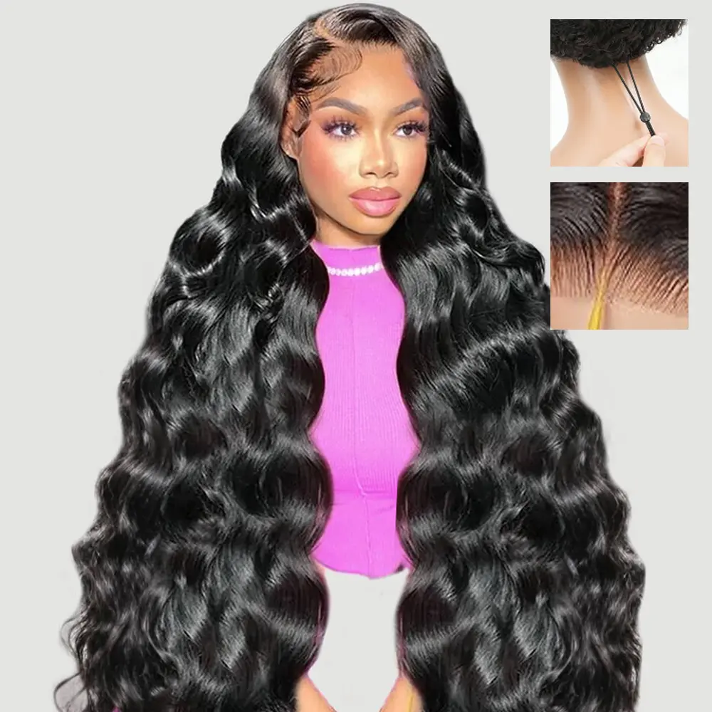 [Glueless] Mihugass 7x6 Glueless Body Wave Human Hair Wig Burmese Curly Wave Natural Black Deep & Water Wave 200% Density Wig with Drawstring Ready to Wear Glueless Wig 100% Human Hair Wig Natural Color Pre Plucked Pre Cut HD Lace Closure Wig