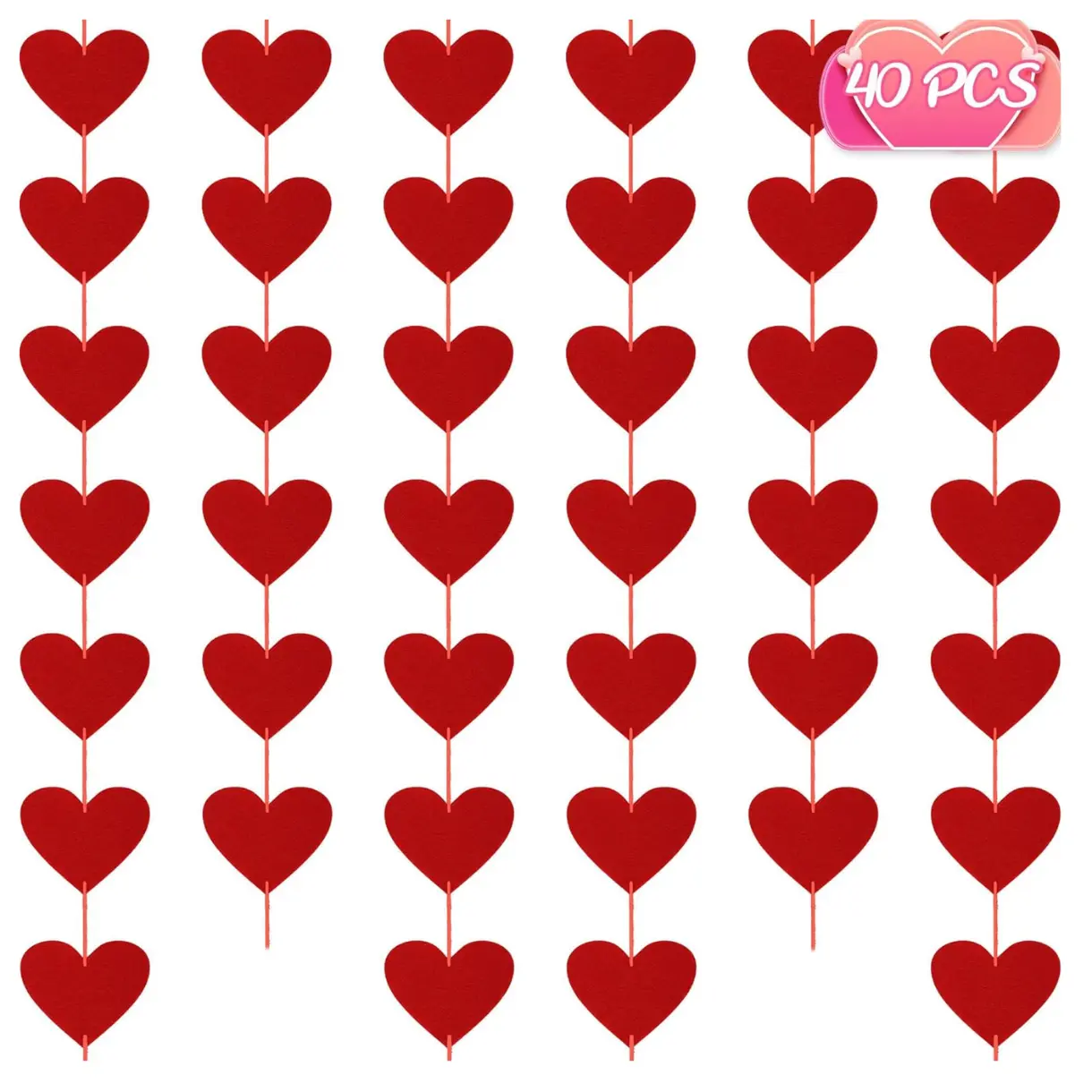 40PCS Valentines Day Decor, Red Heart Banner with Felt Hearts, Hanging Valentines Day Decoration Indoor Outdoor Valentine's Day Party Banner for Wall Fireplace Office Home Decor