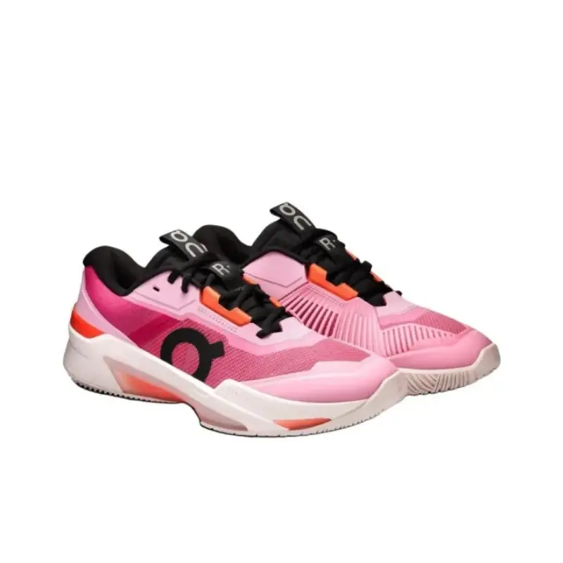 Low-top court trainers perfect for daily tennis drills & casual weekday commutes, perforated stretch knit mesh pink orange gradient colorblock silhouette, open mesh airflow channels, tough textured rubber outsole boosts grip on smooth hard court surfaces