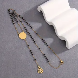 2025 New 1pc Elegant Stainless Steel Islamic Messenger Chain Necklace with Golden-Toned Pendant & Black Beads - Arabic God Rosary Jewelry for Men, Y-Shaped Design, Non-Magnetic, Durable & Stylish