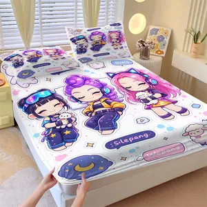 3-Piece K-pop Cute Cartoon Girl Fitted Sheet Set, Soft Comfortable Breathable Fabric, Deep Pocket Non-Slip Mattress Cover, 1 Fitted Sheet + 2 Pillowcases, Wrinkle Resistant All Season Kawaii Anime Bedding for Kids Teens Bedroom