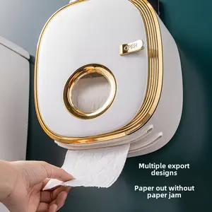 OTEN Large Capacity Double-layer Waterproof Tissue Storage Box Wall Mounted Plastic Roll Paper Holder Non Perforated Design with Storage Compartment Home Goods Installation Golden