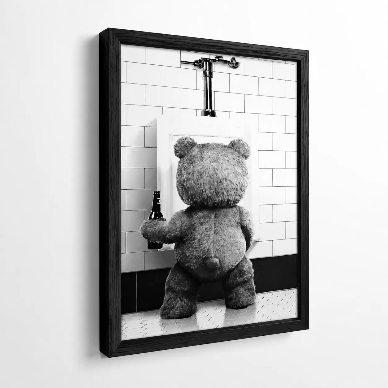 Funny Teddy Bear Bathroom Wall Art - Black and White Bear with Beer Poster, Humorous Animal Restroom Canvas Print for Washroom & Bar Decor