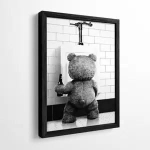 Funny Teddy Bear Bathroom Wall Art - Black and White Bear with Beer Poster, Humorous Animal Restroom Canvas Print for Washroom & Bar Decor