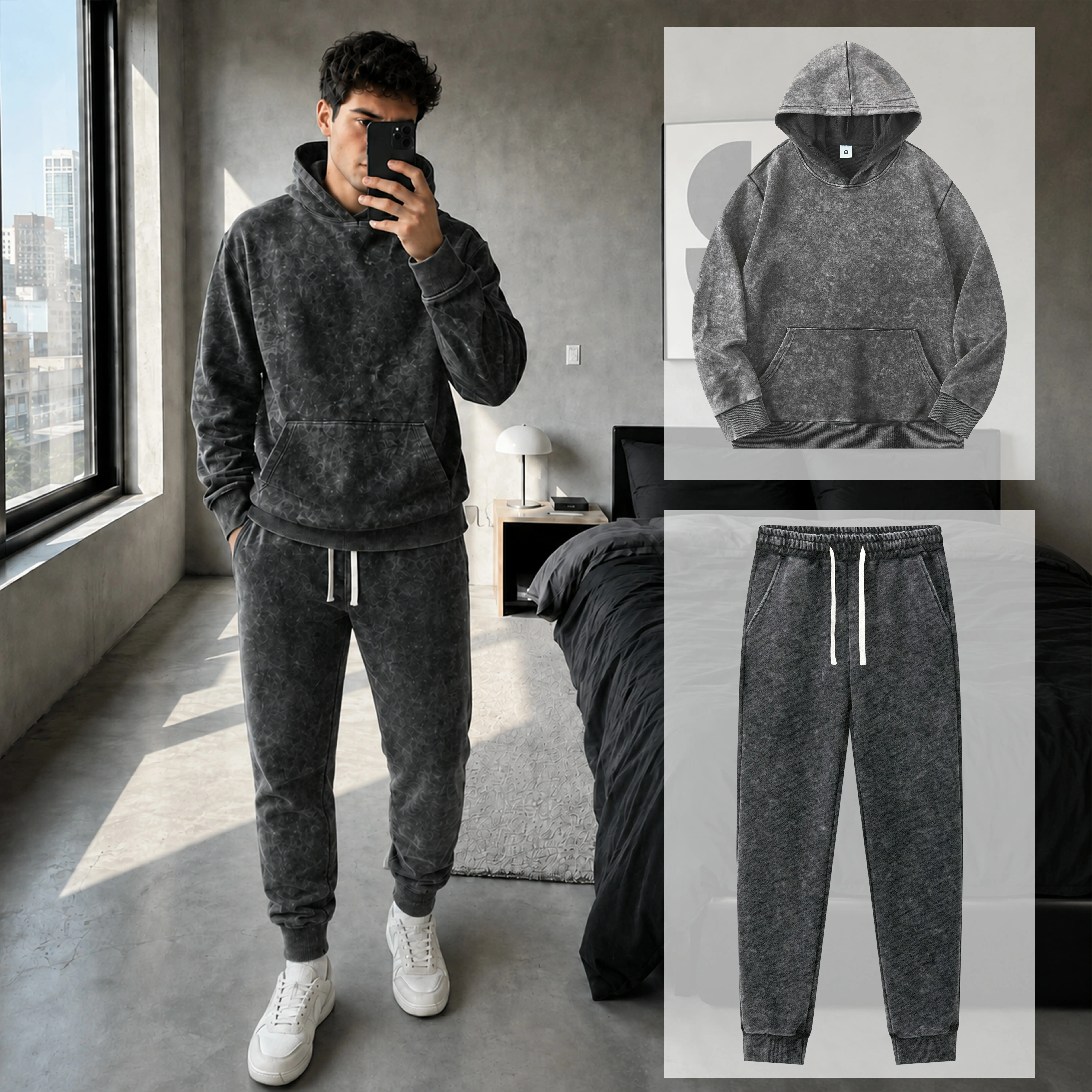 Men's Snow Mineral Wash Hoodie & Jogger Set, Vintage Premium 2 Piece Midweight French Terry Sweatsuit, Relaxed Fit Heavyweight Casual Streetwear Tracksuit for Fall Winter, Casual Lounge Travel Outfit, Gift for Boyfriend or Husband
