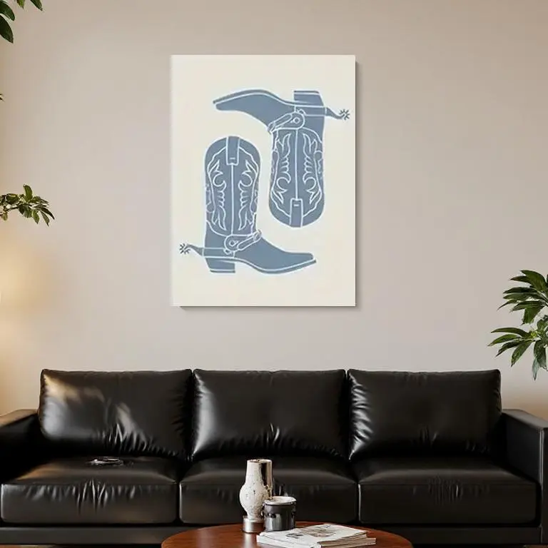 1pc Thick-Framed Canvas Wall Art Print - 20x30in, 16x24inch(40x60cm) Glossy Blue and White Watercolor Cowboy Boot Decorative Print, Pine Wood Frame, Intricate Detailing, Home Decor for Living Room, Birthday Gift