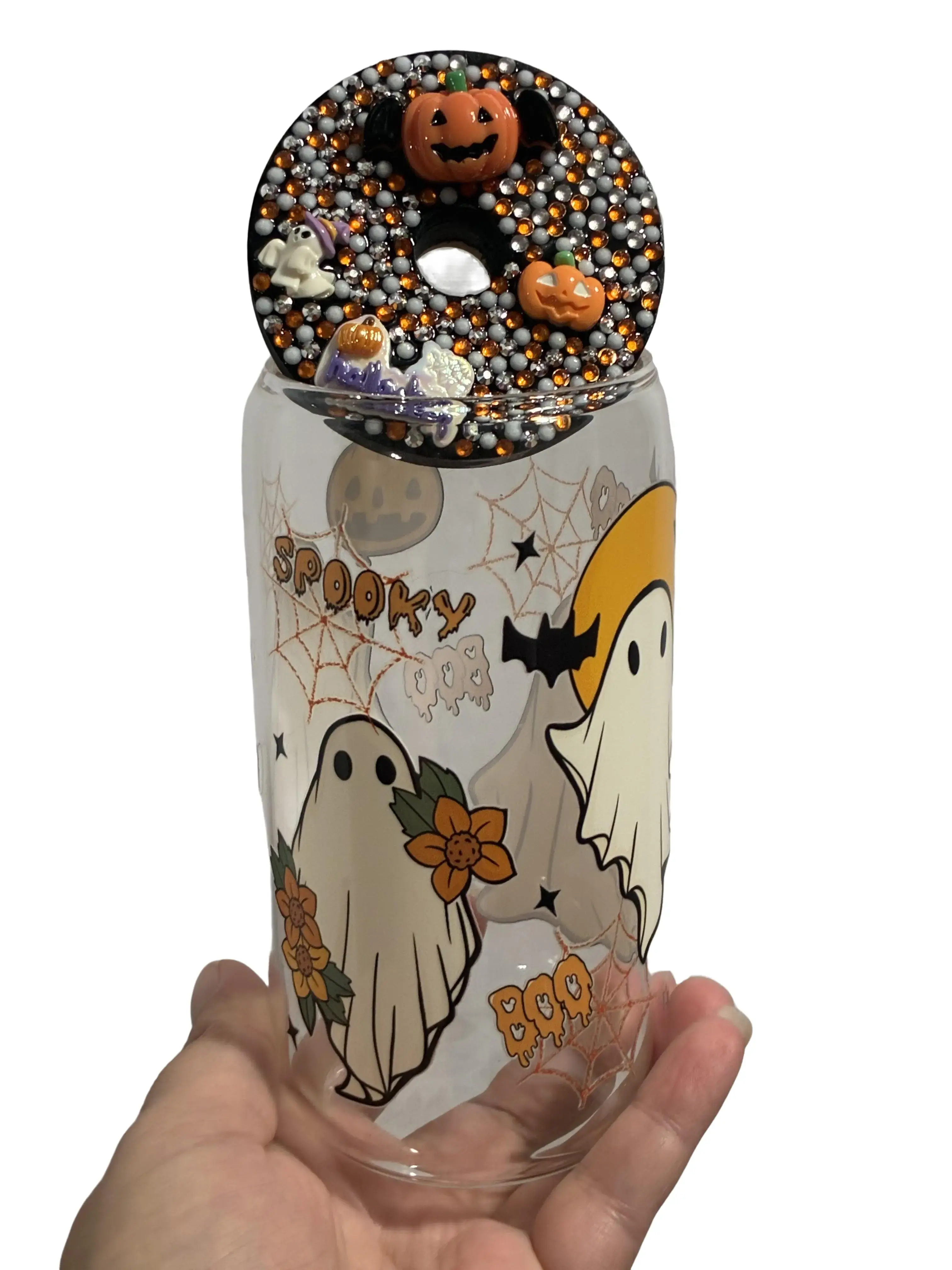Spooky Glass Pumpkin Cup 16oz - Festive Halloween Design with Ghosts & Pumpkins - Perfect for Autumn Drinks