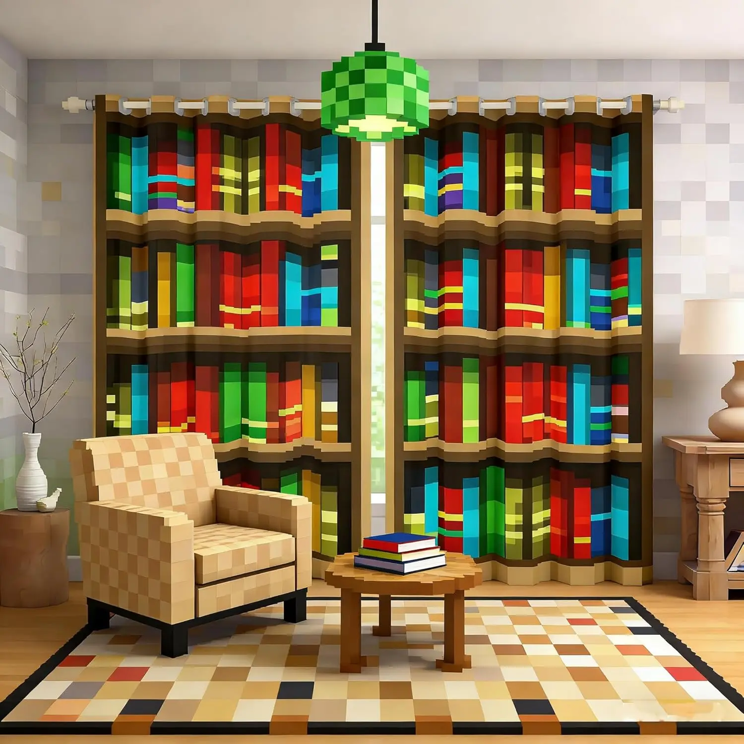 Miners Bookshelf Window Curtains Bedroom Decor,Pixelated Bookshelf Blackout Window Treatment,Pixel Style Games Curtain Anime Bookcase Theme Living Room Decor Top Panels