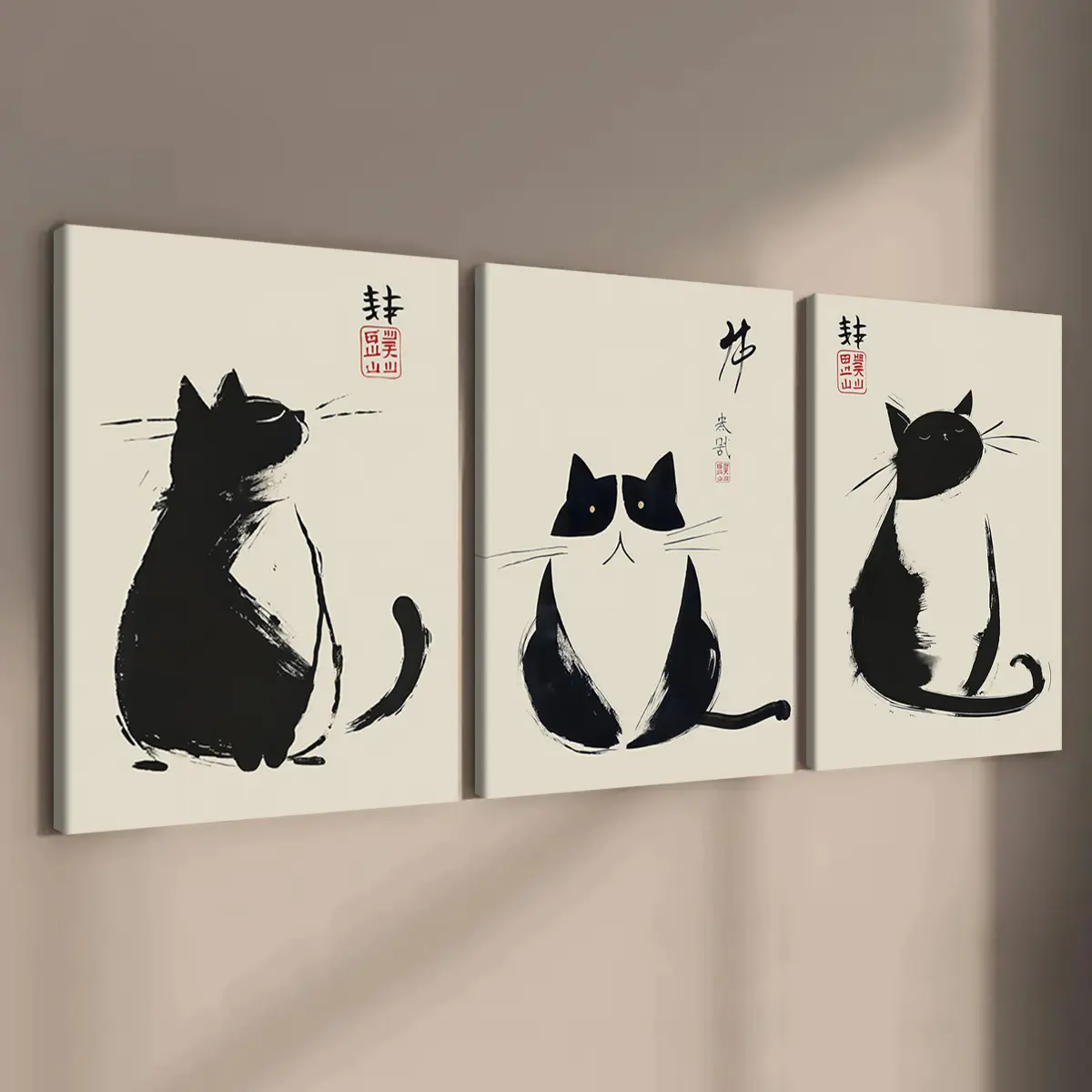 3 Count Wooden Frame Canvas, Vintage Abstract Animal Poster, Cute Cat Pattern, Beautifully printed Canvas, Stylish Bedroom Decor, Modern Home Decor, Living Room and Hallway Wall Decor, HD, Waterproof, Art