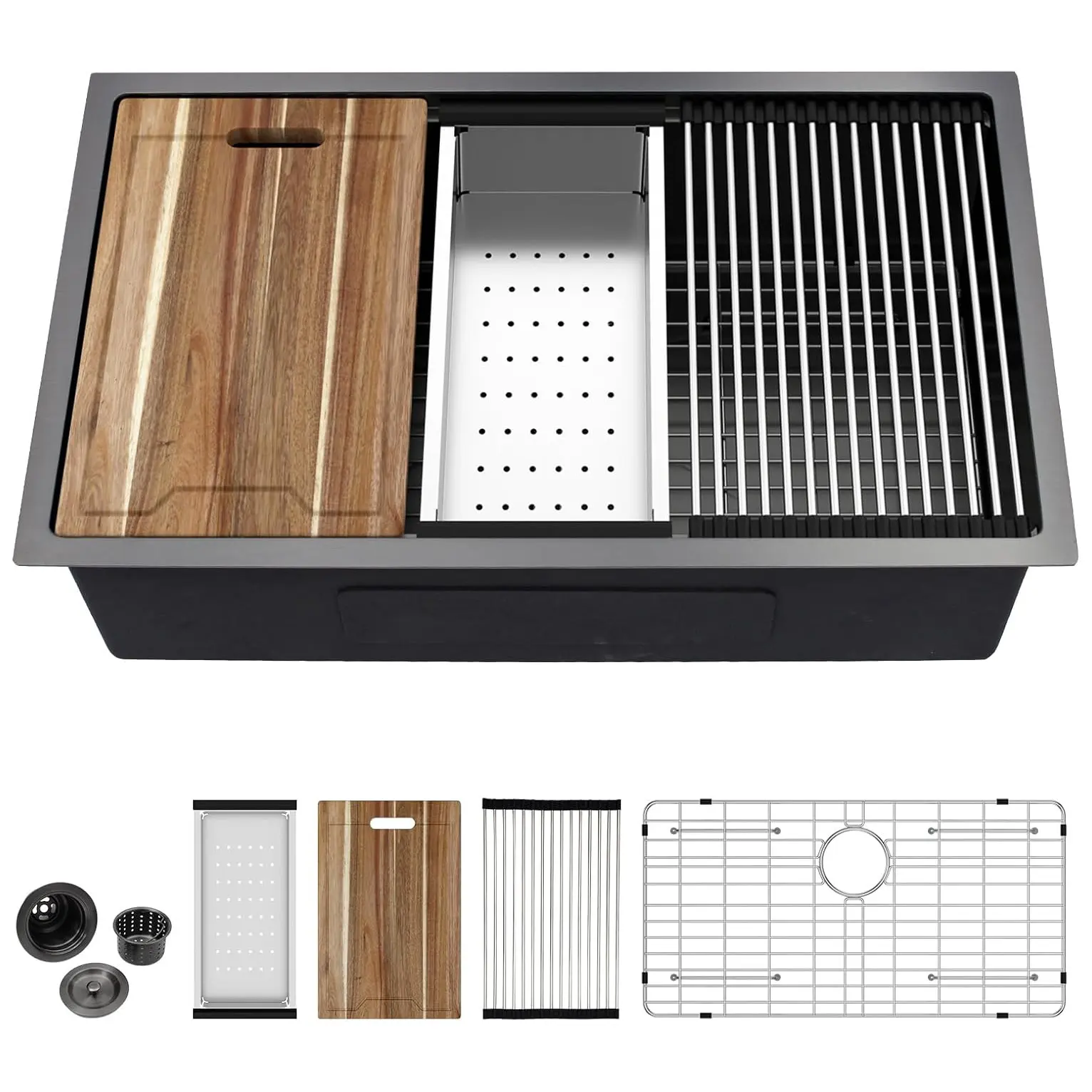 Kichae 33-Inch Black Undermount Vintage Classic Rectangle Bowl Sink - 33"x19" Industrial Glam Workstation, 16 Gauge Stainless Steel Gunmetal Deep Handmade Single Bowl, Round Corner, Quiet Operation, Adjustable Wood Cutting Board & Accessories