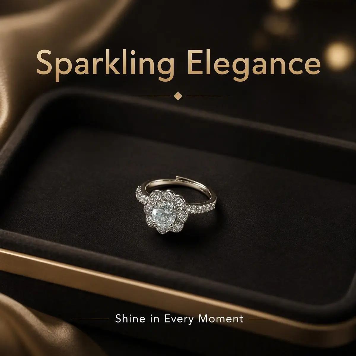 #2-9 Adjustable Open Silver Ring with Sparkling Halo, Pavé-Set Large Center Stone, and Double-Layer Petal Design