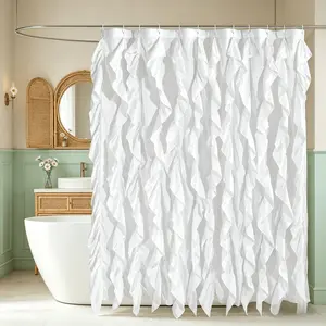 Ruffled Fringe Shower Curtain, Polyester Fiber, Artistic Ripple Design, Elegant Bathroom Decoration, Easy Hang Hooks, Bath Accessories
