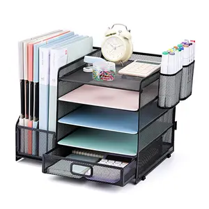 Desk Organizers and Accessories, 4-Tier Paper Letter Tray Organizer with File Holder and Drawer, Mesh Workspace Desk Document Organization with 2 Pen Holder for Office Supplies