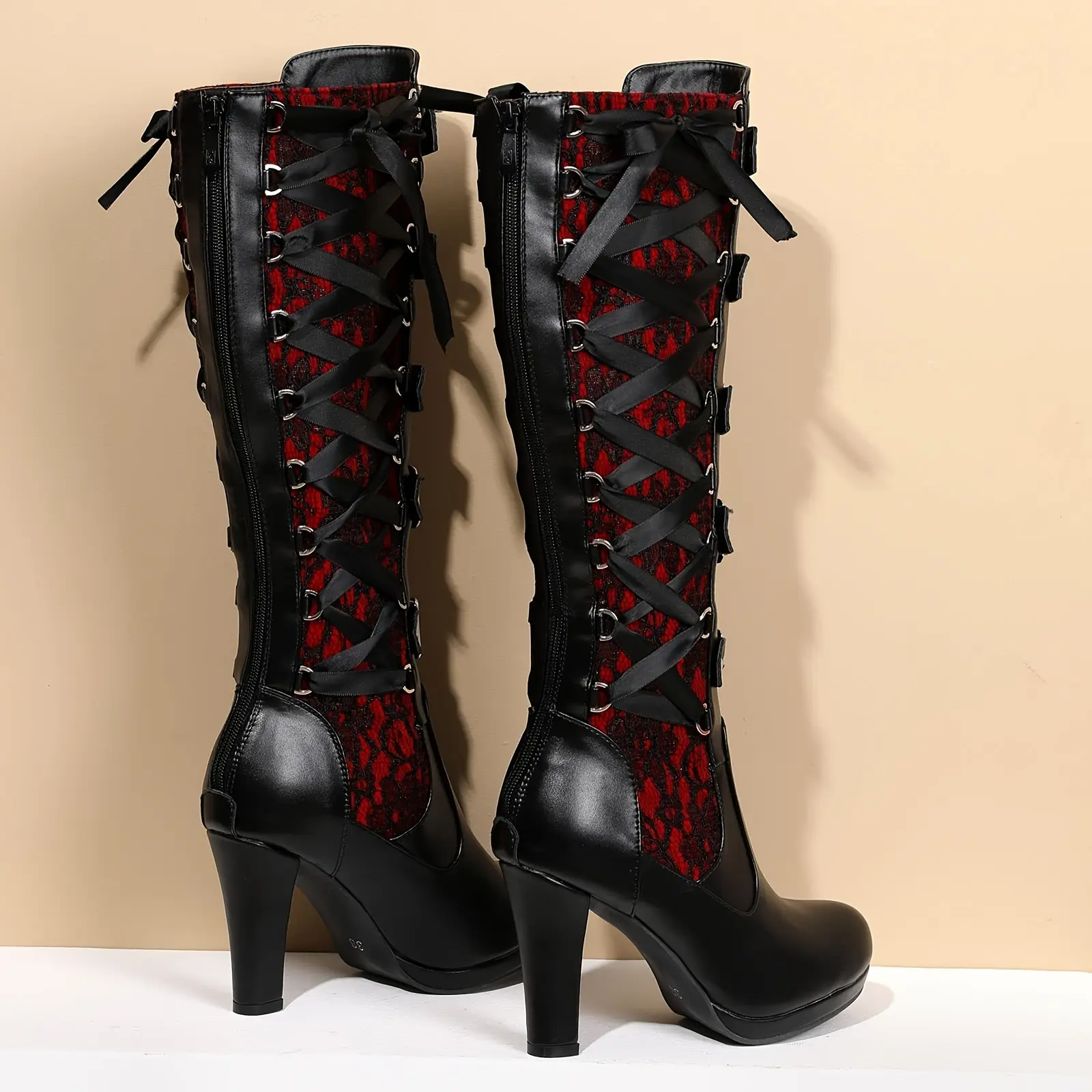 Women's Lace Knee-High Combat Boots with Buckle Strap, Chunky Heel and Side  Zipper-Versatile Punk Style Platform Boots, Suitable for Dress and Casual  Wear - TikTok Shop