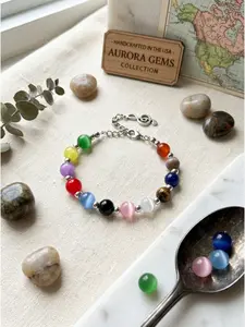 Colorful Cat's Eye Stone Bracelet Metal Chain & Crystal Jewelry "Dopamine" Color Palette Stylish Fashion Wristwear