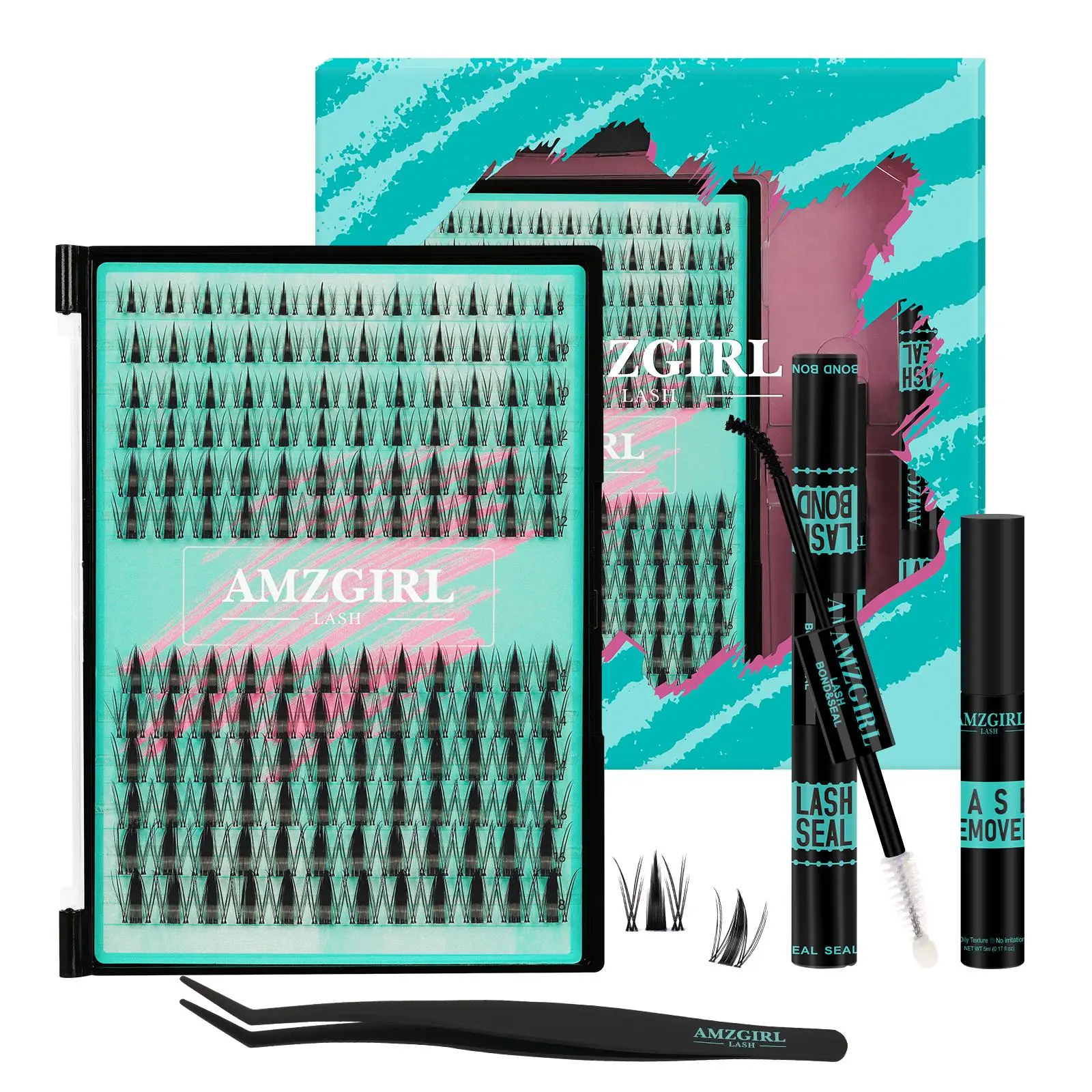 AMZGIRL LASH DIY Lash Extensions Kit 144pcs Manga Waterproof Eyelashes Makeup Cosmetic Set with Bond Seal Remover Applicator  8-18mm Mixed Individual Lashes for Summer Outfits & Vacation Looks