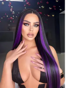Black & Purple Highlight Straight Synthetic Lace Front Wig, 13x4 HD Transparent Lace, Pre-Plucked Natural Hairline, Free Part, Coachella Festival Style 28 Inch