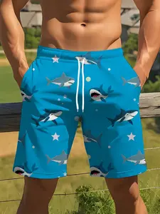 Fun Cartoon Shark Print Men's Beach Shorts, Quick-Dry Breathable Drawstring 5-Inch Shorts for Beach Vacation Family Outing