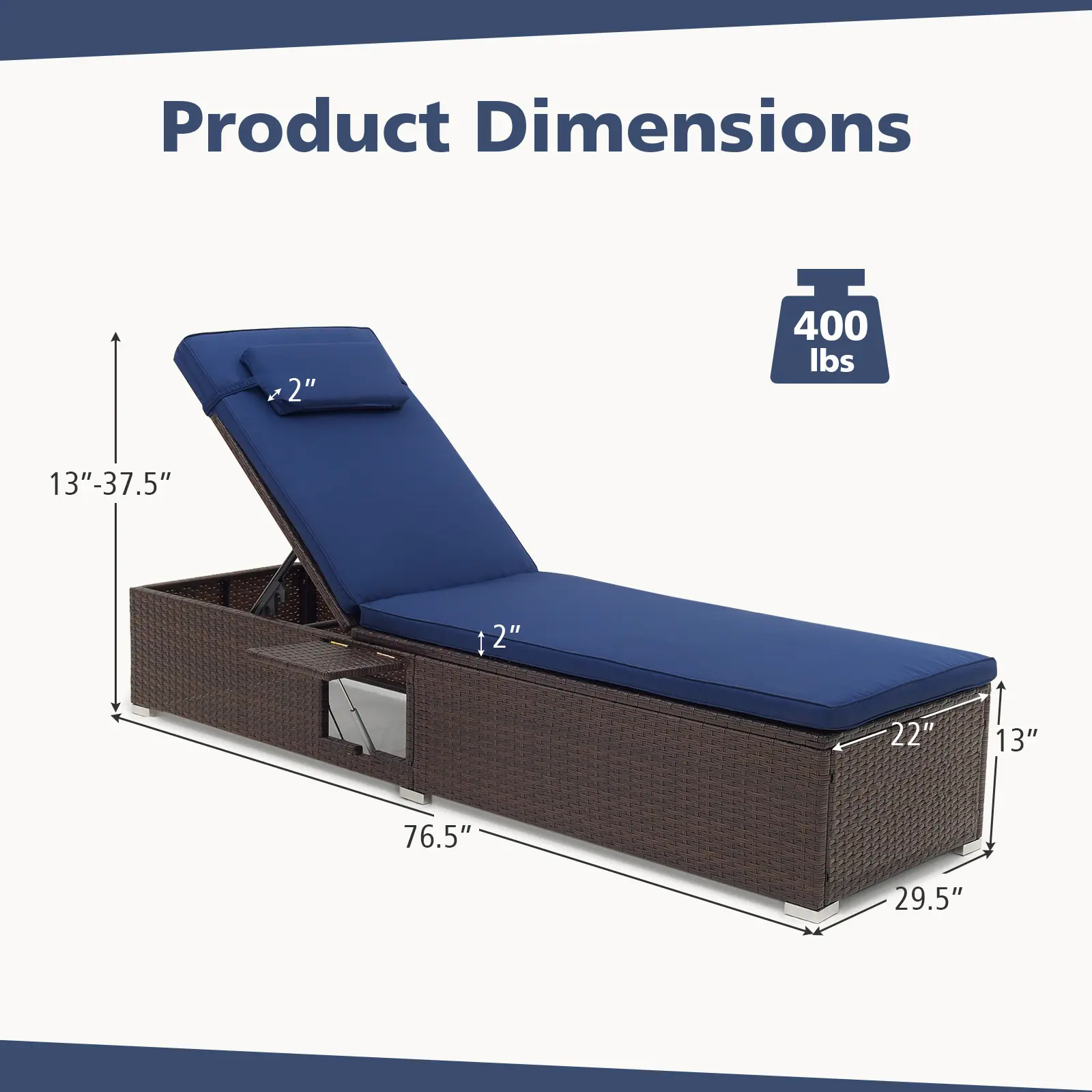 COSTWAY - Outdoor PE RattanChaise Lounge with 6-level Backrest-Navy