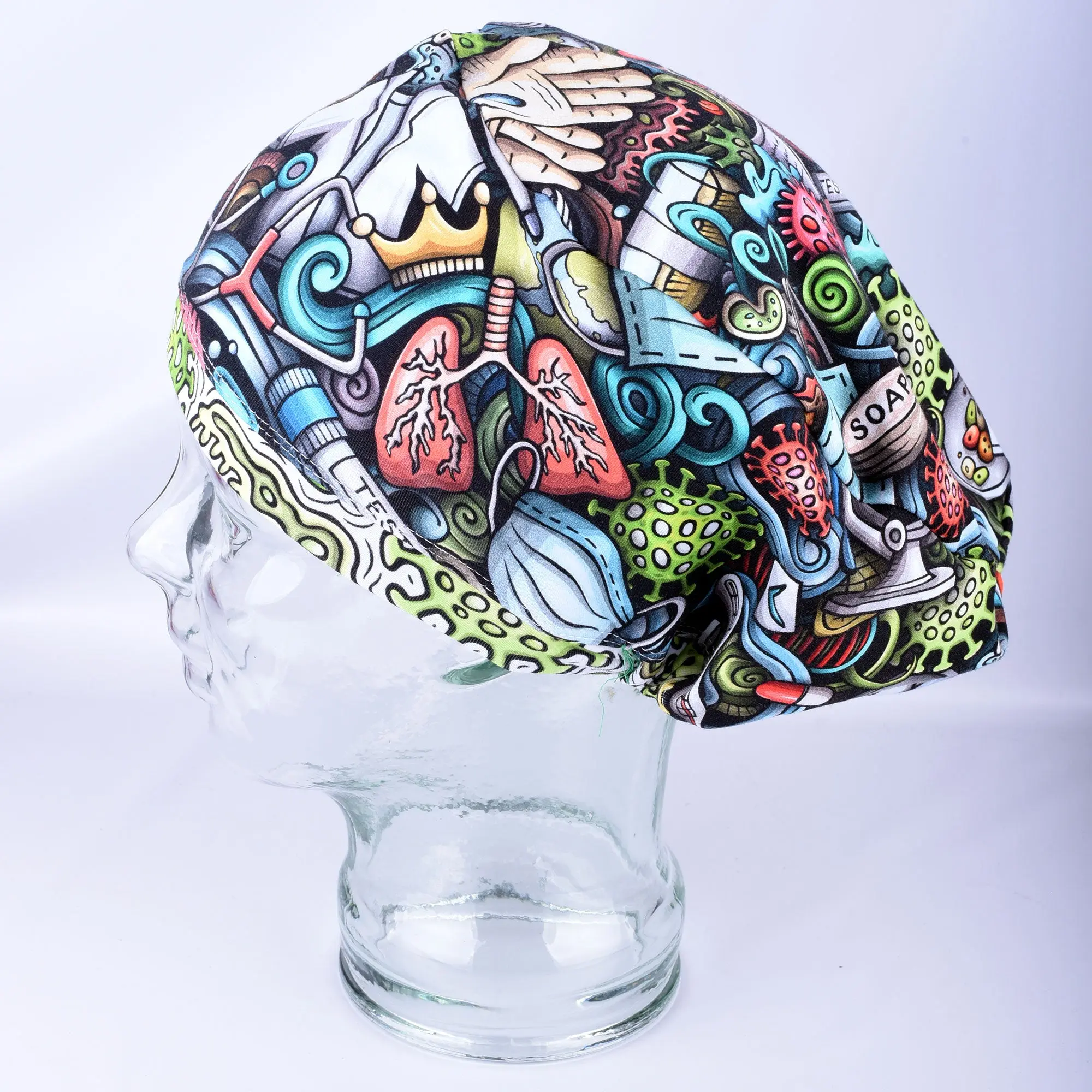 Virus & Microbiology Print Scrub Cap — Adjustable Science Surgical Hat Nurse Uniform Workwear