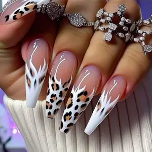 Leopard Pattern Fake Nails with 1 Nail File & 1 Sticker Sheet, Nail Art Tools, Long Ballerina False Nails for Women & Girls DIY Nail Art, Effortless Press on Nails Manicure Set