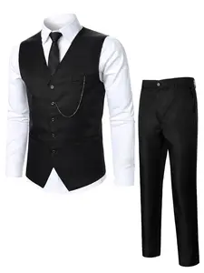 Two-Piece Set Men's Solid Button Front Suit Vest & Pocket Pants Suit Set, Chain Decor V Neck Top & Trousers, Men's Formal Outfits for Work Office Business Formal Wear