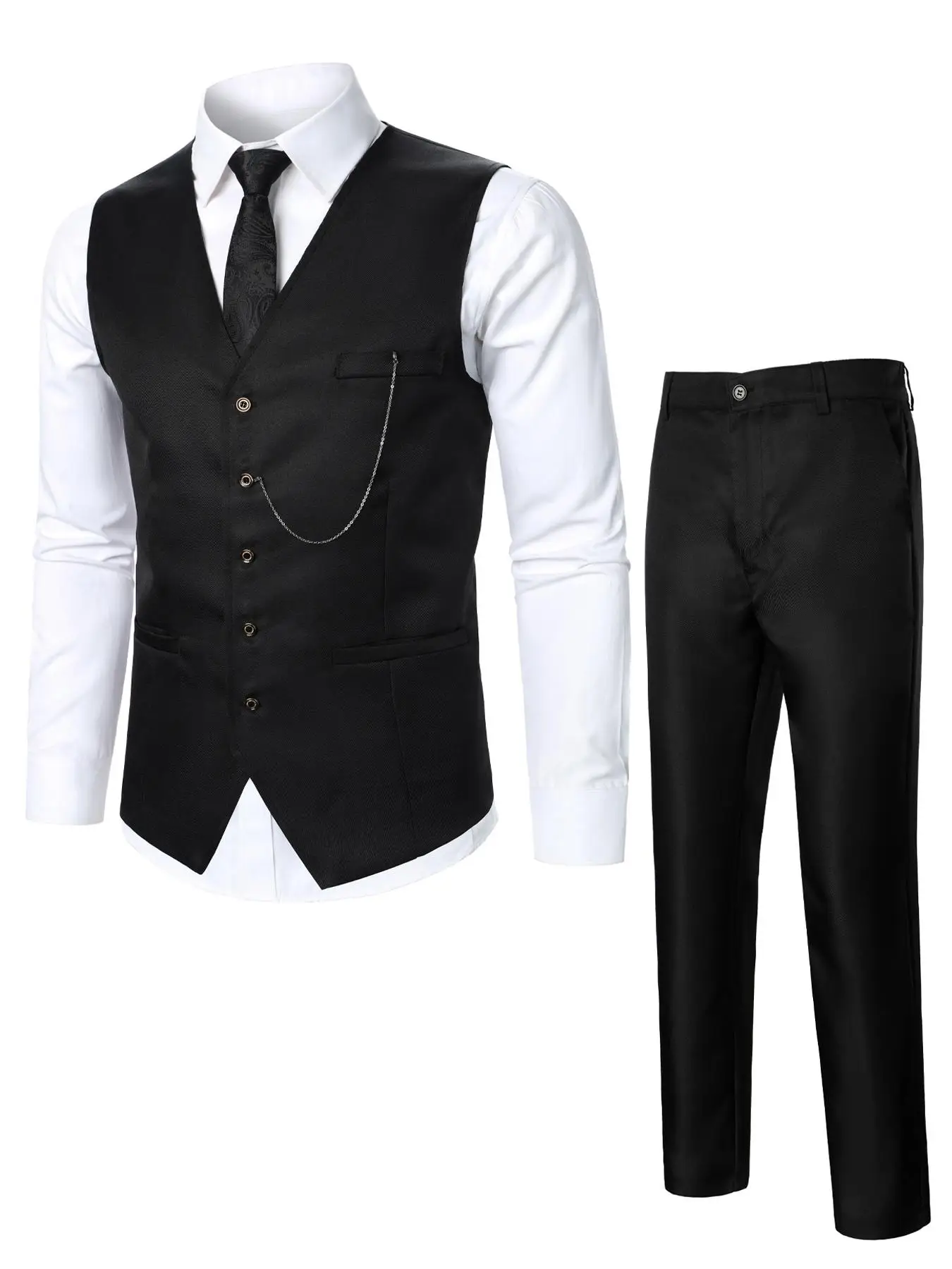Two-Piece Set Men's Solid Button Front Suit Vest & Pocket Pants Suit Set, Chain Decor V Neck Top & Trousers, Men's Formal Outfits for Work Office Busi