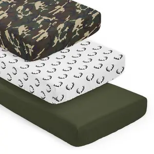 Sweet Jojo Designs 3-Piece Baby Crib Sheets Set (Woodland Camo Deer) for Boys, Infant Nursery, Toddler Room - Fitted, Standard Size (Solid Green, White/Black Antler & Forest, Rustic Beige/Black Plaid)