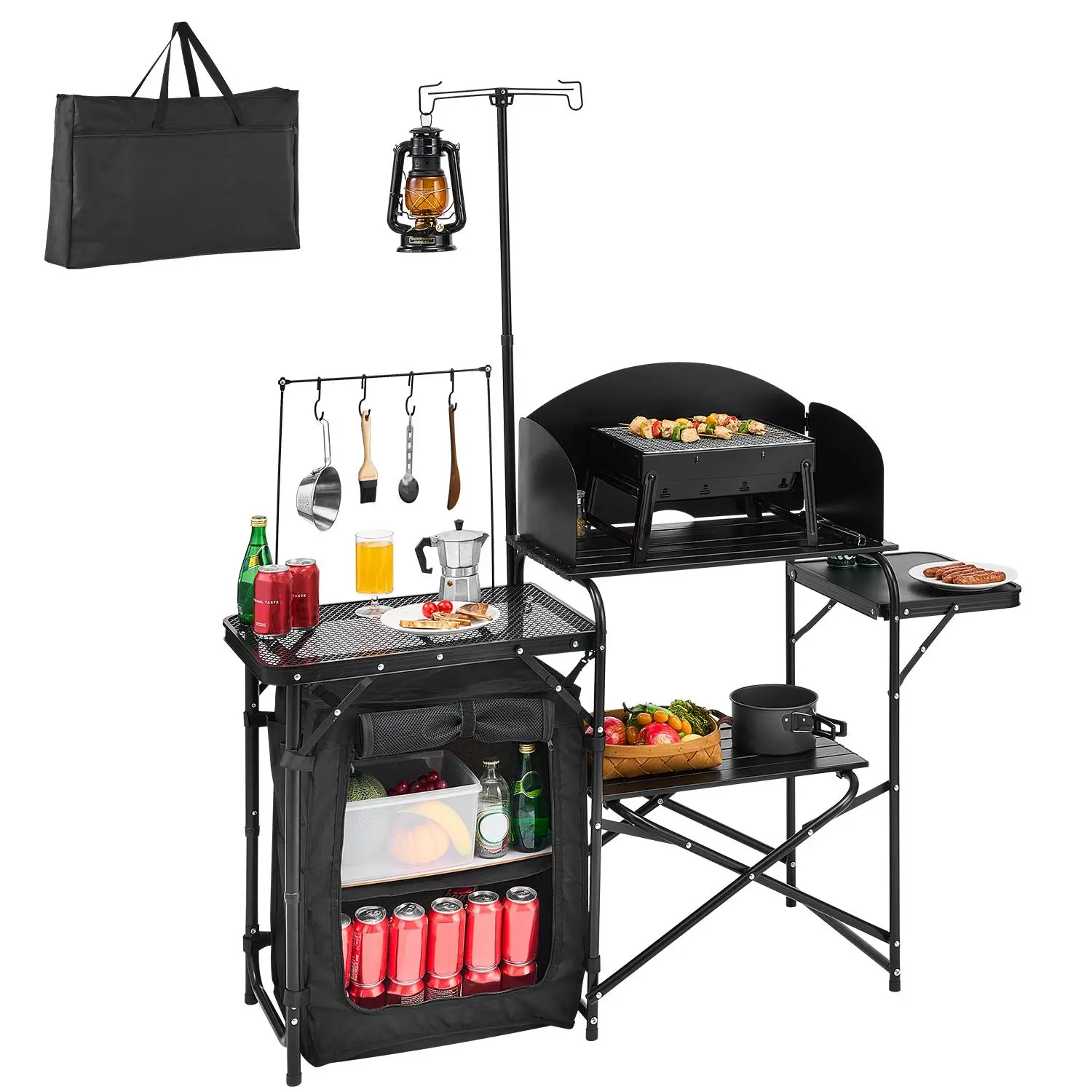 Sturdy Aluminum & Steel Folding Grill Table, Portable Cook Station with Windscreen and Zippered Storage Cupboard - Camping Accessories for BBQ & RV Travel, Lightweight Outdoor Table, Portable Outdoor Equipment, Storage Shelf, Backyard Bbq, Compact Carry,,