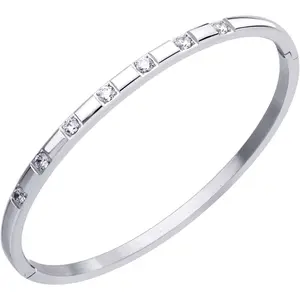Stainless Steel Thin CZ Cuff Hinged Bangle Bracelet for Women