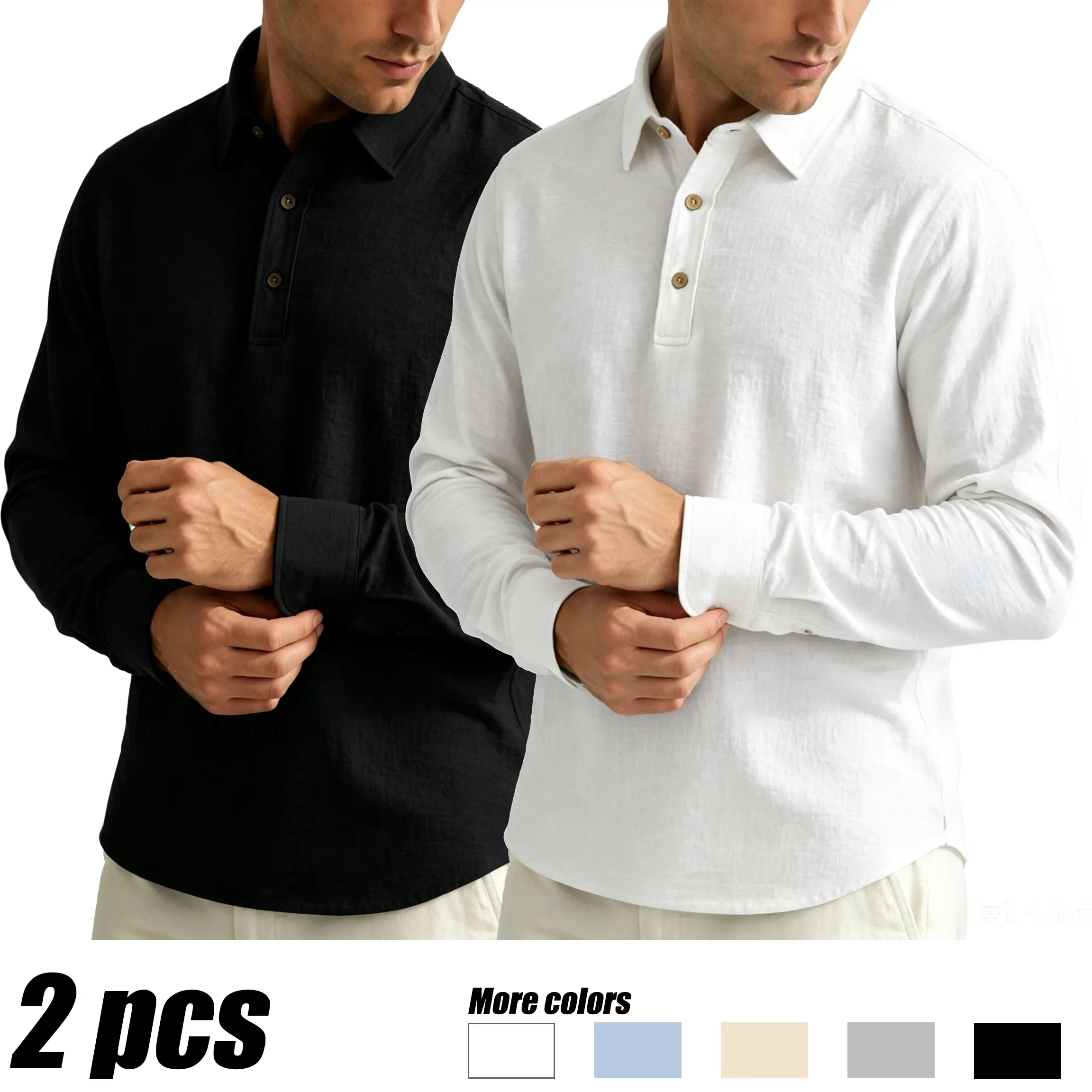 Men's Waffle Textured Henley Polo Shirt, Casual Long Sleeve Slim Fit Pullover, Elegant & Breathable for Business Office, Fabric, Menswear, Stylish, Top, Longsleeves, Soft, Linen Fabric, Plain, Men’s Clothes, Machine Wash