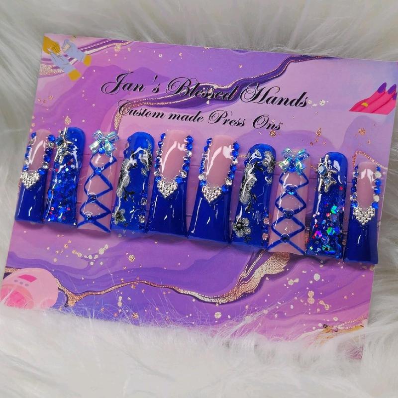 Jan's Custom Made Press On Nails - XL Pink and Blue Valentines Day Duckie Press On set